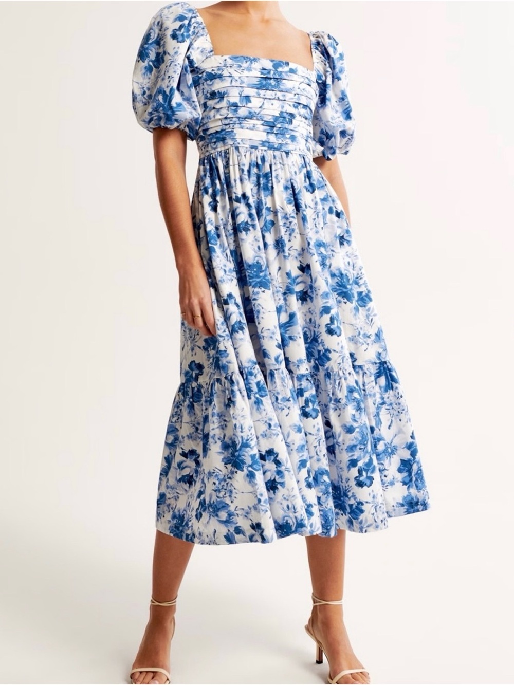 Abercrombie & Fitch Blue and White Floral Puff-Sleeve Midi Dress